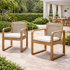 ModernLuxe 2pcs Outdoor Dining Chair Set, Acacia Wood Frame Armchairs Patio Side Chair with Rope Back & Water-Repellent Beige Cushions, Light Teak