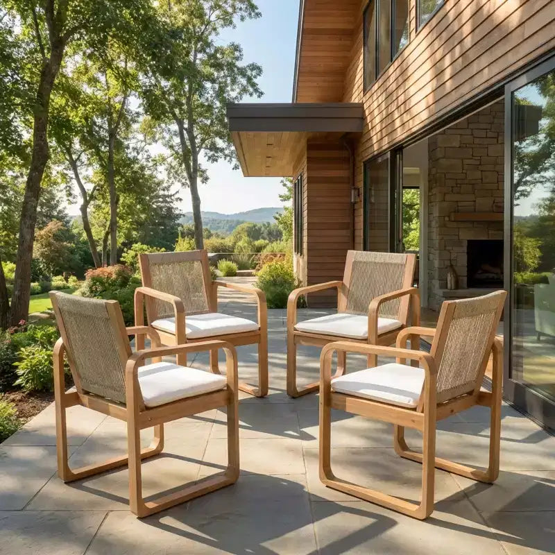 ModernLuxe 2pcs Outdoor Dining Chair Set, Acacia Wood Frame Armchairs Patio Side Chair with Rope Back & Water-Repellent Beige Cushions, Light Teak