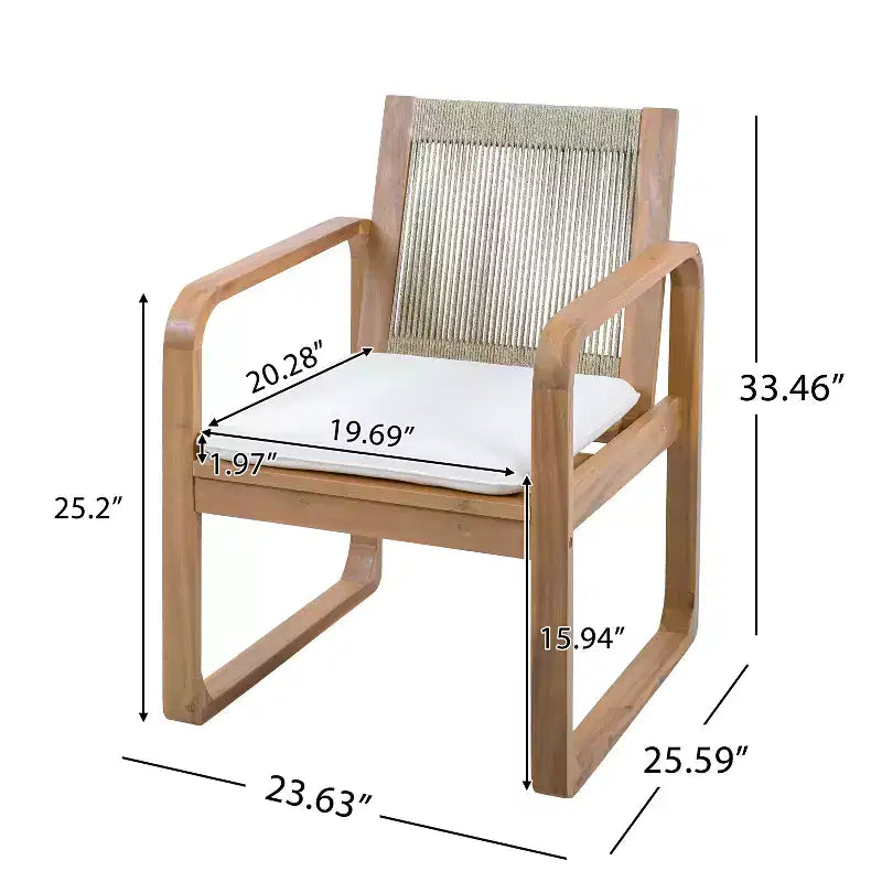 ModernLuxe 2pcs Outdoor Dining Chair Set, Acacia Wood Frame Armchairs Patio Side Chair with Rope Back & Water-Repellent Beige Cushions, Light Teak