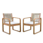 ModernLuxe 2pcs Outdoor Dining Chair Set, Acacia Wood Frame Armchairs Patio Side Chair with Rope Back & Water-Repellent Beige Cushions, Light Teak