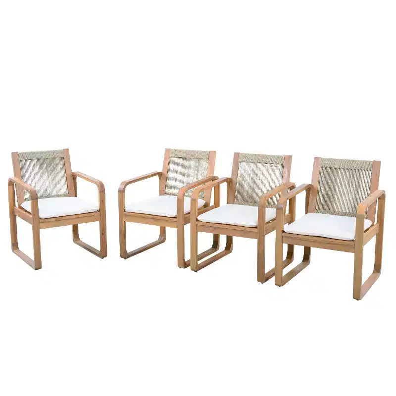 ModernLuxe 2pcs Outdoor Dining Chair Set, Acacia Wood Frame Armchairs Patio Side Chair with Rope Back & Water-Repellent Beige Cushions, Light Teak