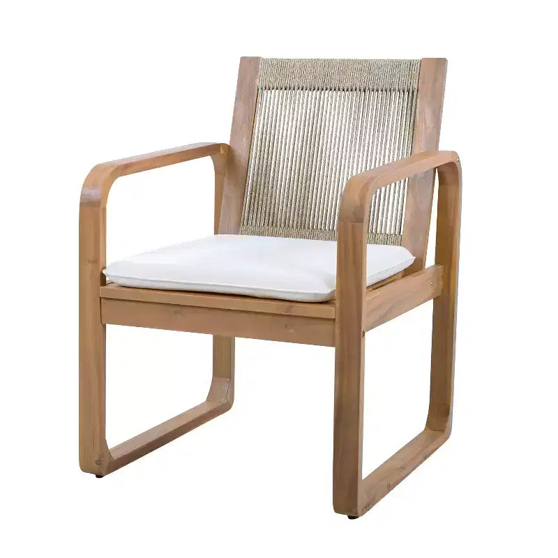 ModernLuxe 2pcs Outdoor Dining Chair Set, Acacia Wood Frame Armchairs Patio Side Chair with Rope Back & Water-Repellent Beige Cushions, Light Teak