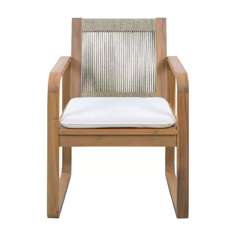 ModernLuxe 2pcs Outdoor Dining Chair Set, Acacia Wood Frame Armchairs Patio Side Chair with Rope Back & Water-Repellent Beige Cushions, Light Teak