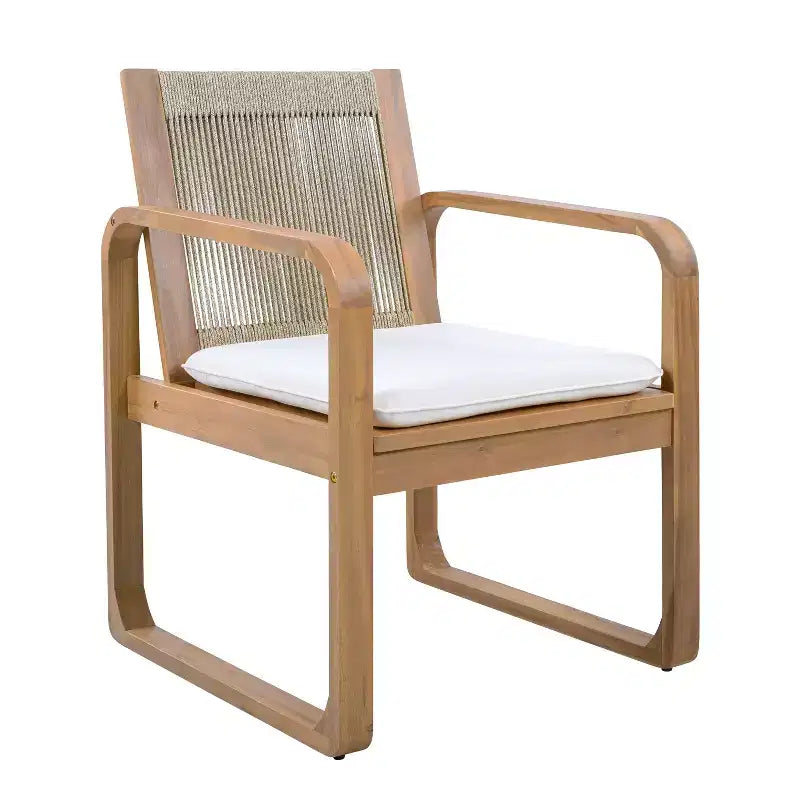ModernLuxe 2pcs Outdoor Dining Chair Set, Acacia Wood Frame Armchairs Patio Side Chair with Rope Back & Water-Repellent Beige Cushions, Light Teak