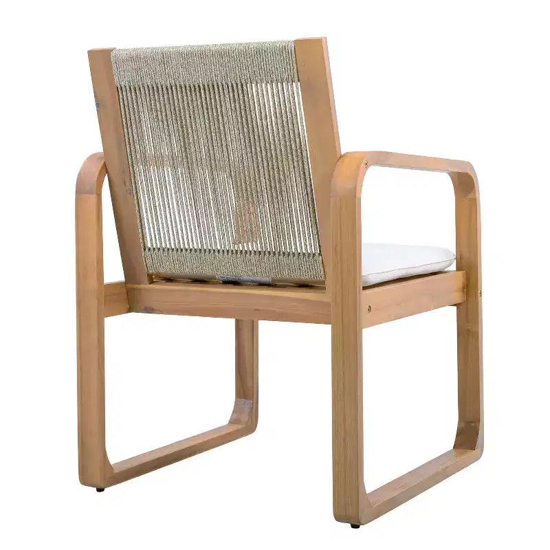 ModernLuxe 2pcs Outdoor Dining Chair Set, Acacia Wood Frame Armchairs Patio Side Chair with Rope Back & Water-Repellent Beige Cushions, Light Teak