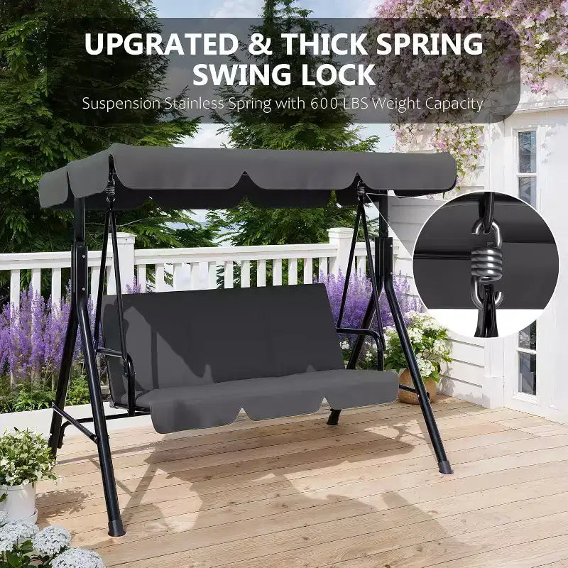 Outdoor Porch Swing with Adjustable Canopy, 3-Seat Patio Swing Chair with Stand, Heavy Duty Metal Frame for Garden, Backyard & Poolside, Khaki.