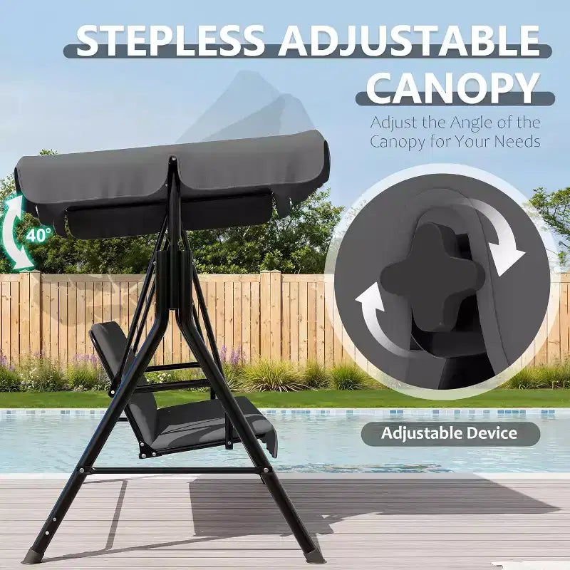Outdoor Porch Swing with Adjustable Canopy, 3-Seat Patio Swing Chair with Stand, Heavy Duty Metal Frame for Garden, Backyard & Poolside, Khaki.