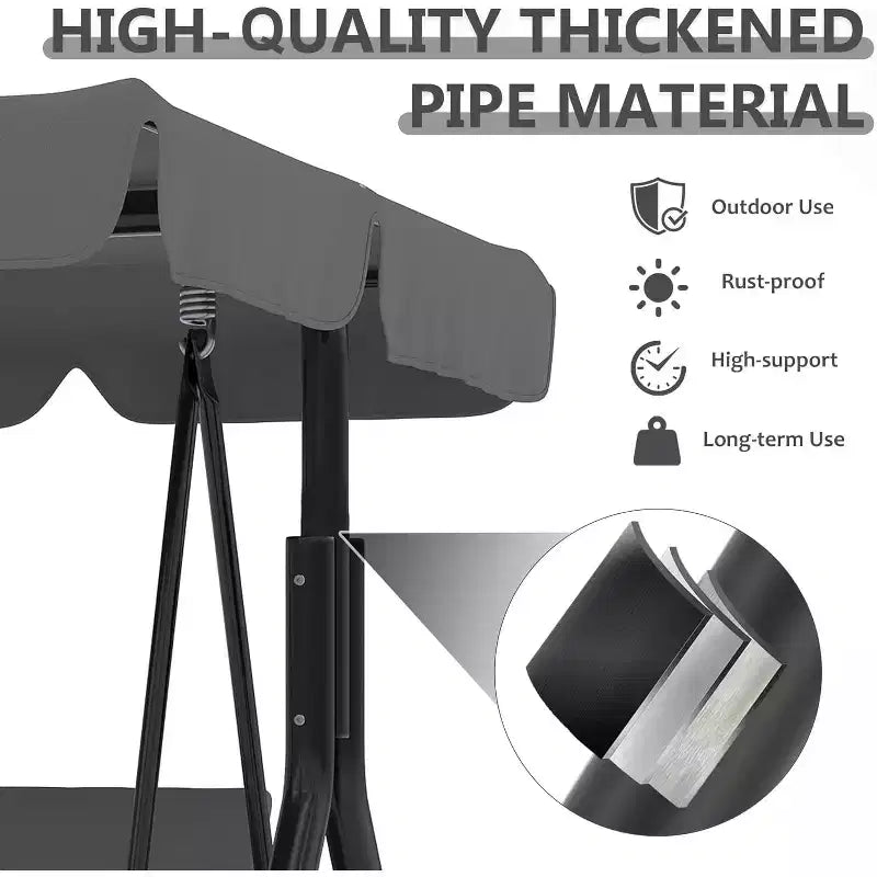 Outdoor Porch Swing with Adjustable Canopy, 3-Seat Patio Swing Chair with Stand, Heavy Duty Metal Frame for Garden, Backyard & Poolside, Khaki.
