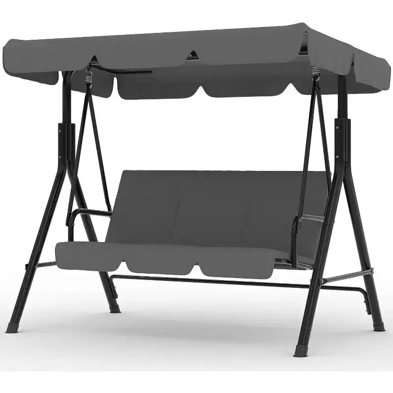 Outdoor Porch Swing with Adjustable Canopy, 3-Seat Patio Swing Chair with Stand, Heavy Duty Metal Frame for Garden, Backyard & Poolside, Khaki.