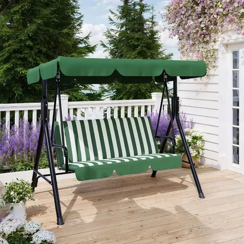 Outdoor Porch Swing with Adjustable Canopy, 3-Seat Patio Swing Chair with Stand, Heavy Duty Metal Frame for Garden, Backyard & Poolside, Khaki.