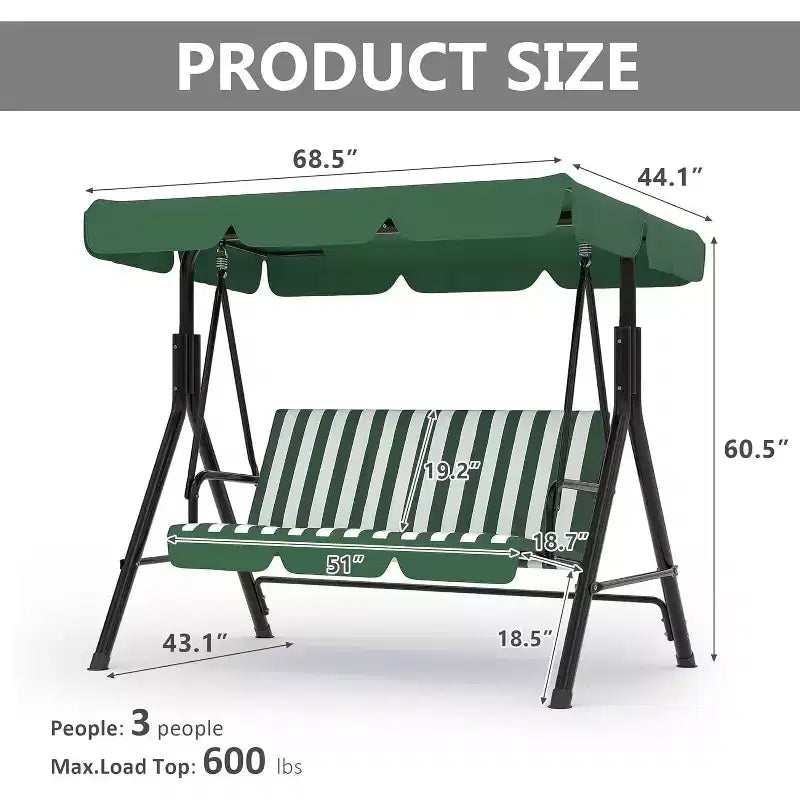 Outdoor Porch Swing with Adjustable Canopy, 3-Seat Patio Swing Chair with Stand, Heavy Duty Metal Frame for Garden, Backyard & Poolside, Khaki.