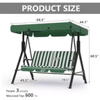 Outdoor Porch Swing with Adjustable Canopy, 3-Seat Patio Swing Chair with Stand, Heavy Duty Metal Frame for Garden, Backyard & Poolside, Khaki.