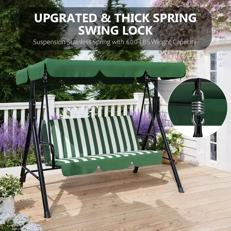 Outdoor Porch Swing with Adjustable Canopy, 3-Seat Patio Swing Chair with Stand, Heavy Duty Metal Frame for Garden, Backyard & Poolside, Khaki.