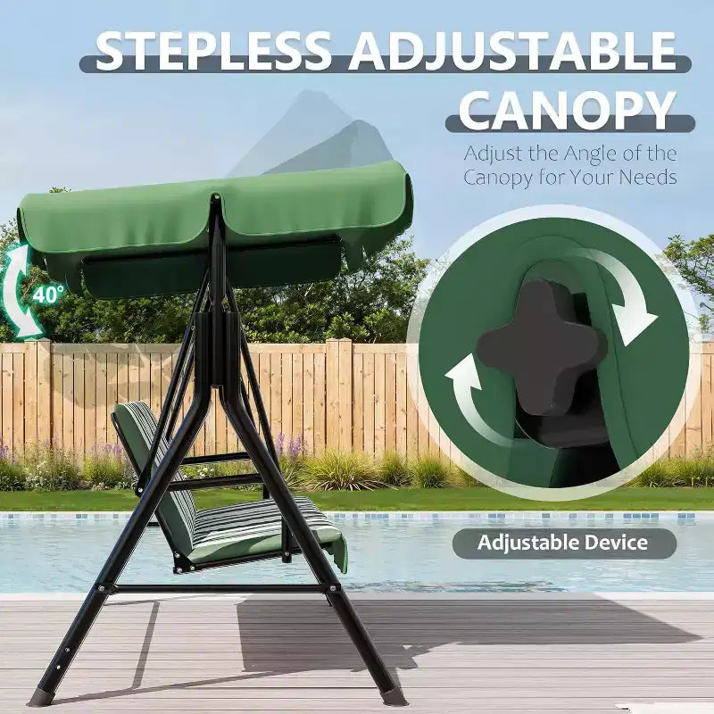 Outdoor Porch Swing with Adjustable Canopy, 3-Seat Patio Swing Chair with Stand, Heavy Duty Metal Frame for Garden, Backyard & Poolside, Khaki.