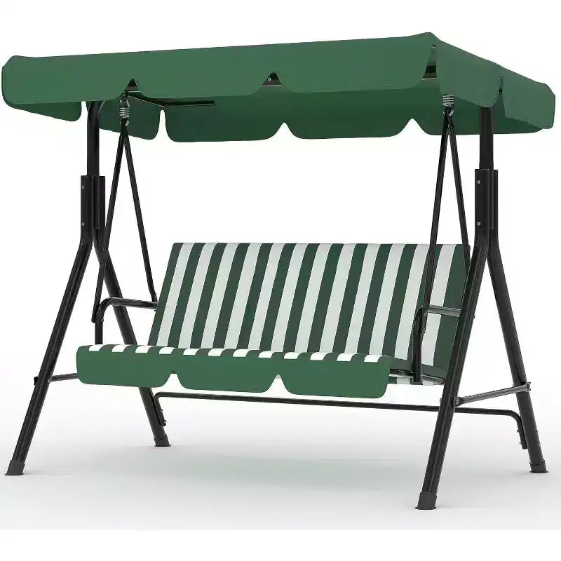 Outdoor Porch Swing with Adjustable Canopy, 3-Seat Patio Swing Chair with Stand, Heavy Duty Metal Frame for Garden, Backyard & Poolside, Khaki.