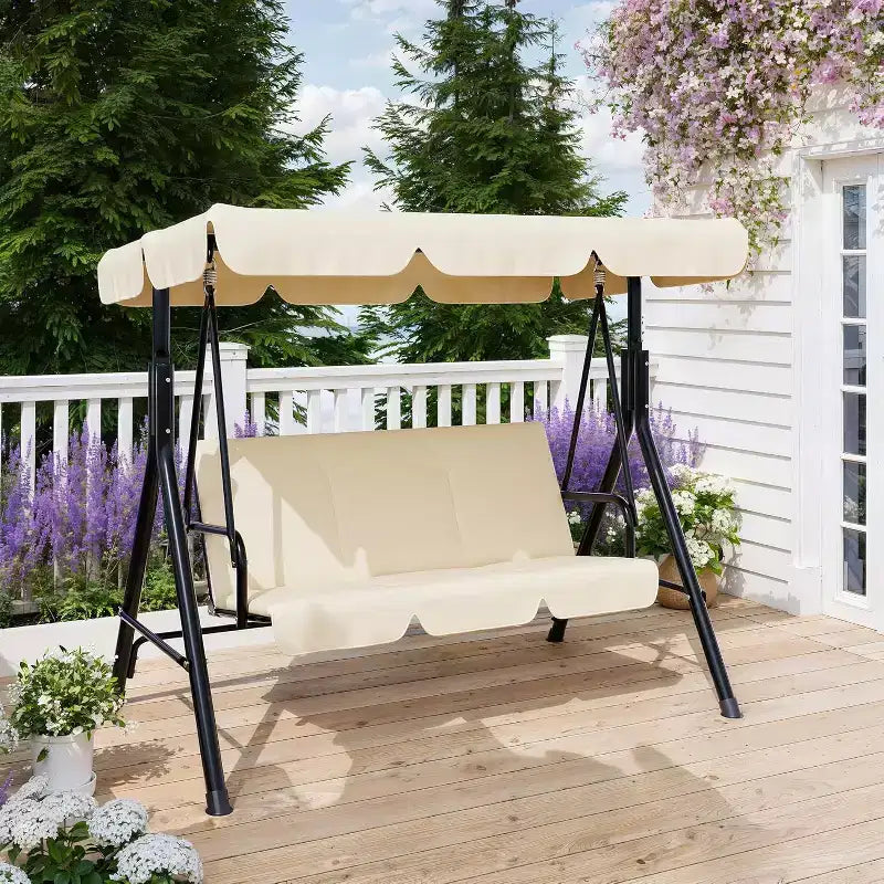 Outdoor Porch Swing with Adjustable Canopy, 3-Seat Patio Swing Chair with Stand, Heavy Duty Metal Frame for Garden, Backyard & Poolside, Khaki.