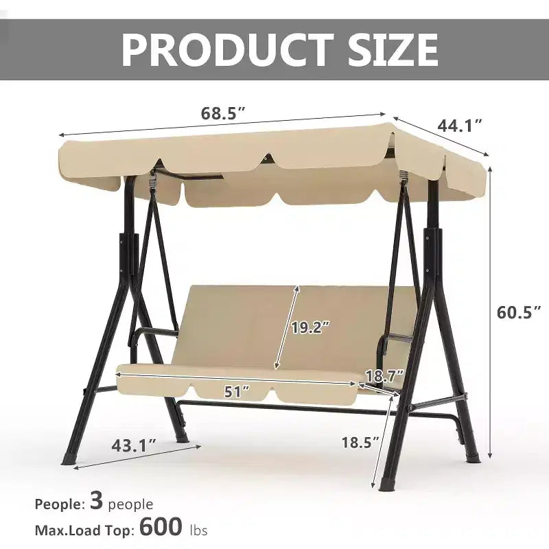 Outdoor Porch Swing with Adjustable Canopy, 3-Seat Patio Swing Chair with Stand, Heavy Duty Metal Frame for Garden, Backyard & Poolside, Khaki.