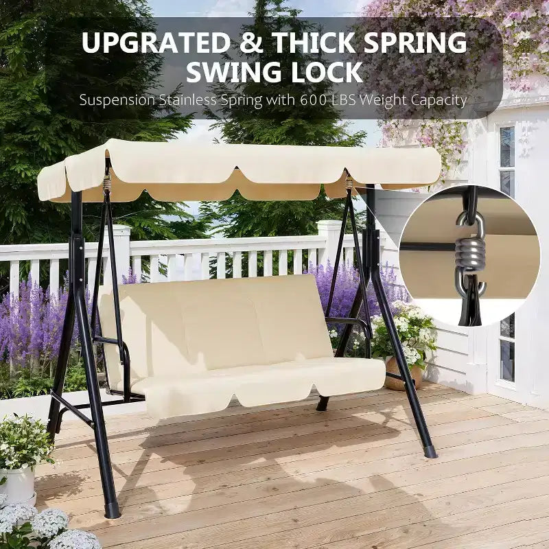 Outdoor Porch Swing with Adjustable Canopy, 3-Seat Patio Swing Chair with Stand, Heavy Duty Metal Frame for Garden, Backyard & Poolside, Khaki.