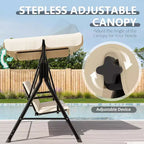 Outdoor Porch Swing with Adjustable Canopy, 3-Seat Patio Swing Chair with Stand, Heavy Duty Metal Frame for Garden, Backyard & Poolside, Khaki.