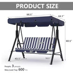 Outdoor Porch Swing with Adjustable Canopy, 3-Seat Patio Swing Chair with Stand, Heavy Duty Metal Frame for Garden, Backyard & Poolside, Khaki.