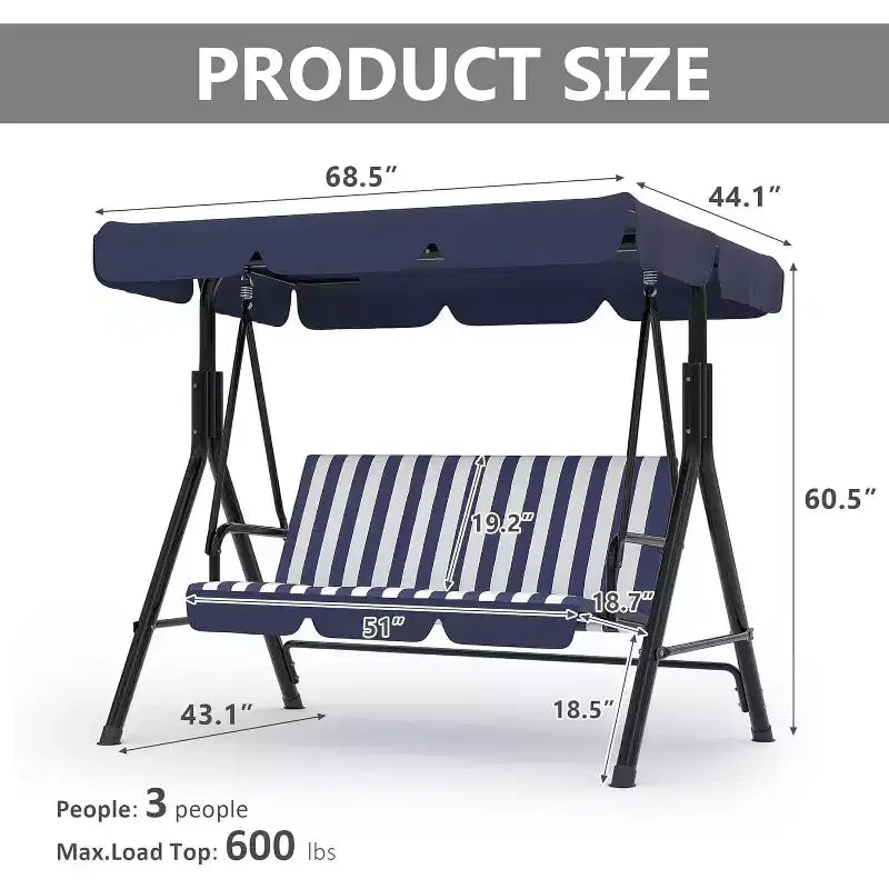 Outdoor Porch Swing with Adjustable Canopy, 3-Seat Patio Swing Chair with Stand, Heavy Duty Metal Frame for Garden, Backyard & Poolside, Khaki.