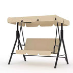 Outdoor Porch Swing with Adjustable Canopy, 3-Seat Patio Swing Chair with Stand, Heavy Duty Metal Frame for Garden, Backyard & Poolside, Khaki.