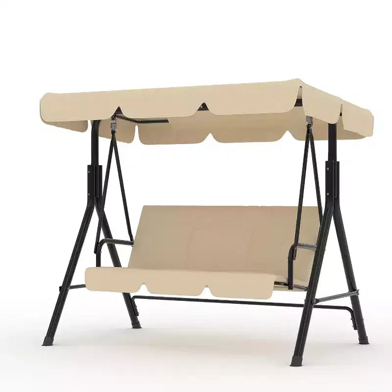 Outdoor Porch Swing with Adjustable Canopy, 3-Seat Patio Swing Chair with Stand, Heavy Duty Metal Frame for Garden, Backyard & Poolside, Khaki.