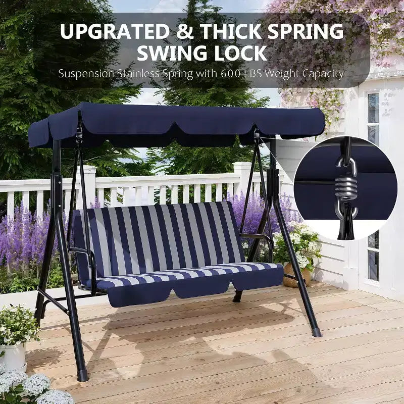 Outdoor Porch Swing with Adjustable Canopy, 3-Seat Patio Swing Chair with Stand, Heavy Duty Metal Frame for Garden, Backyard & Poolside, Khaki.