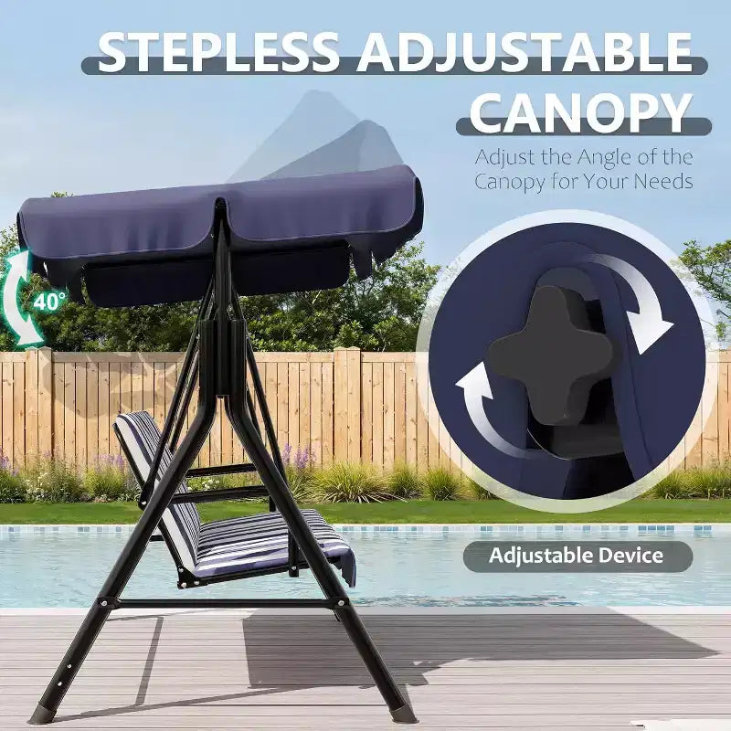 Outdoor Porch Swing with Adjustable Canopy, 3-Seat Patio Swing Chair with Stand, Heavy Duty Metal Frame for Garden, Backyard & Poolside, Khaki.