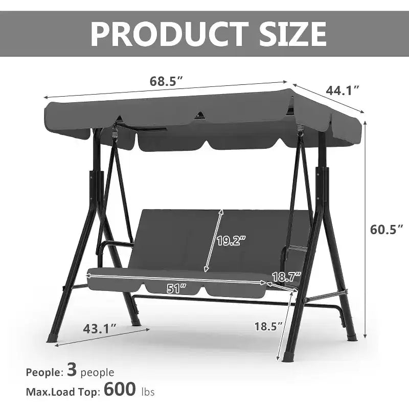 Outdoor Porch Swing with Adjustable Canopy, 3-Seat Patio Swing Chair with Stand, Heavy Duty Metal Frame for Garden, Backyard & Poolside, Khaki.