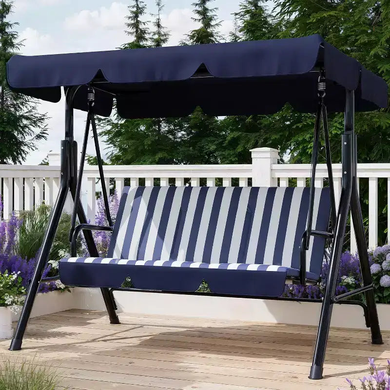 Outdoor Porch Swing with Adjustable Canopy, 3-Seat Patio Swing Chair with Stand, Heavy Duty Metal Frame for Garden, Backyard & Poolside, Khaki.