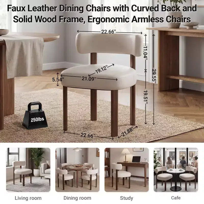 Ora Maison Faux Leather Dining Chairs with Curved Back and Solid Wood Frame, Ergonomic Armless Chairs for Living Room, Dining Room