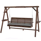 3-Seat Wooden Porch Swing with A-Frame Stand Cushion and Side Trays Carbonized Brown