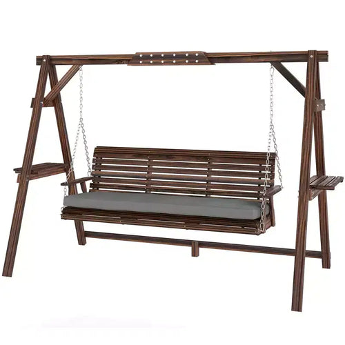 3-Seat Wooden Porch Swing with A-Frame Stand Cushion and Side Trays Carbonized Brown