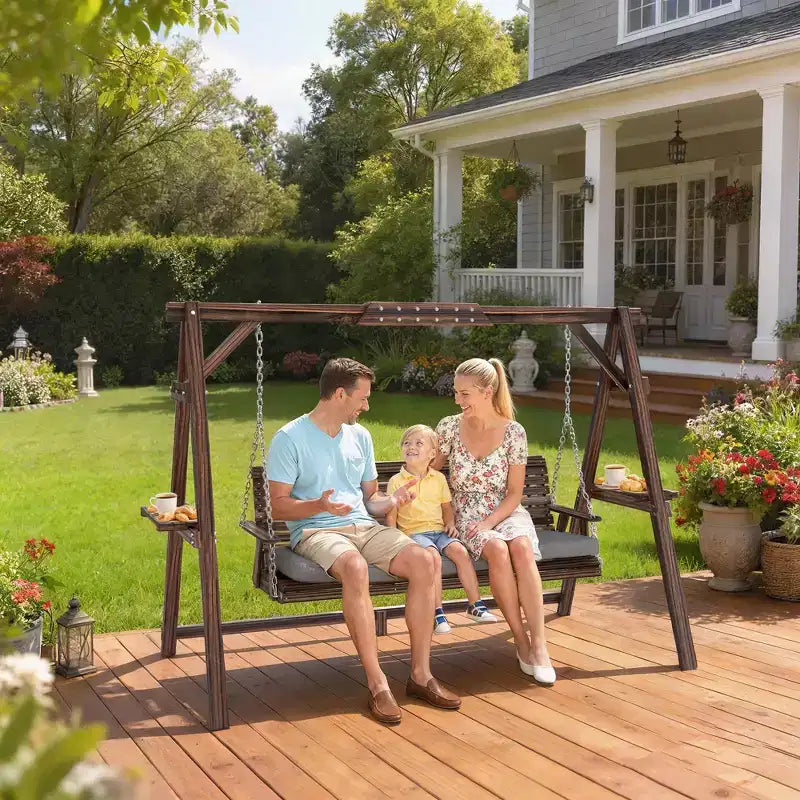 3-Seat Wooden Porch Swing with A-Frame Stand Cushion and Side Trays Carbonized Brown