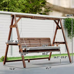 3-Seat Wooden Porch Swing with A-Frame Stand Cushion and Side Trays Carbonized Brown