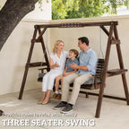 3-Seat Wooden Porch Swing with A-Frame Stand Cushion and Side Trays Carbonized Brown