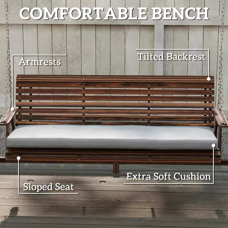 3-Seat Wooden Porch Swing with A-Frame Stand Cushion and Side Trays Carbonized Brown