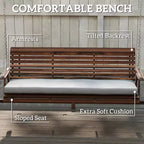 3-Seat Wooden Porch Swing with A-Frame Stand Cushion and Side Trays Carbonized Brown