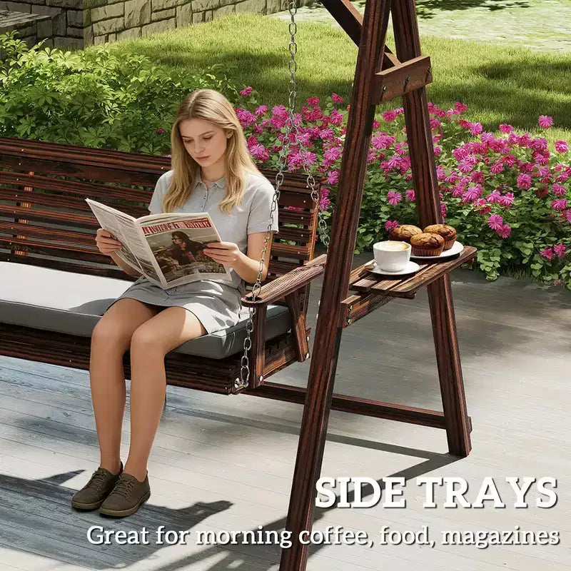 3-Seat Wooden Porch Swing with A-Frame Stand Cushion and Side Trays Carbonized Brown