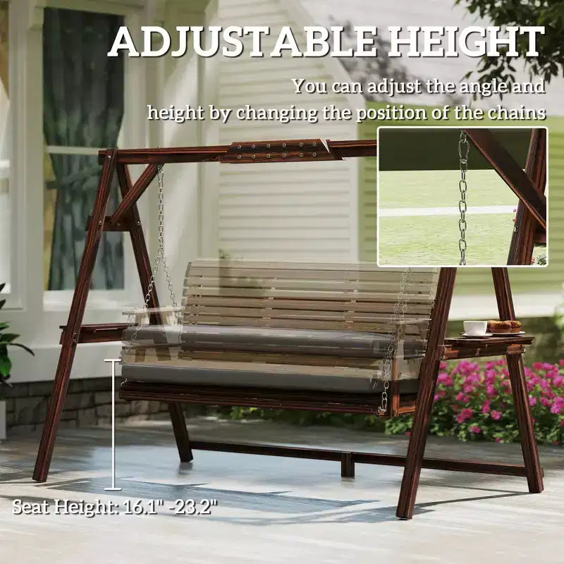 3-Seat Wooden Porch Swing with A-Frame Stand Cushion and Side Trays Carbonized Brown