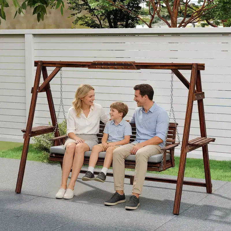 3-Seat Wooden Porch Swing with A-Frame Stand Cushion and Side Trays Carbonized Brown