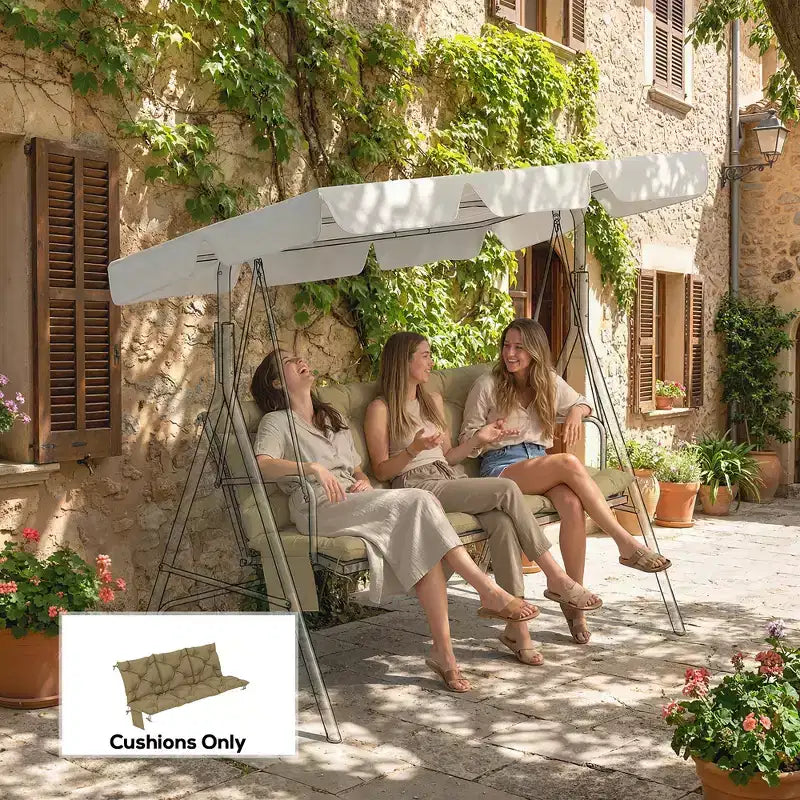3-Seat Outdoor Swing Bench Cushion with Backrest, Non-Slip Ties and Side Pockets - Beige