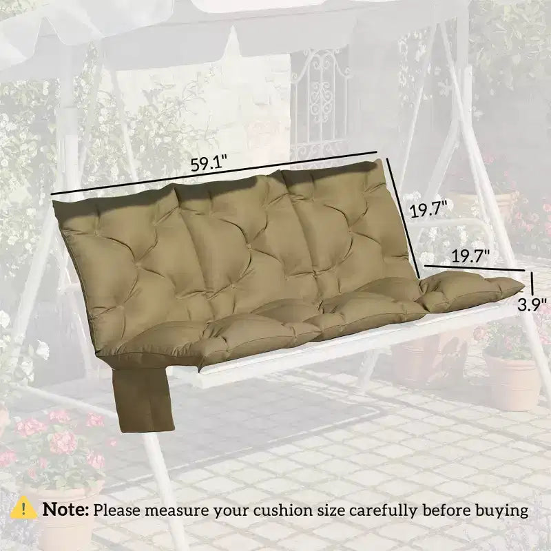 3-Seat Outdoor Swing Bench Cushion with Backrest, Non-Slip Ties and Side Pockets - Beige