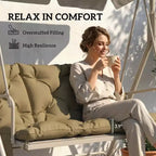 3-Seat Outdoor Swing Bench Cushion with Backrest, Non-Slip Ties and Side Pockets - Beige