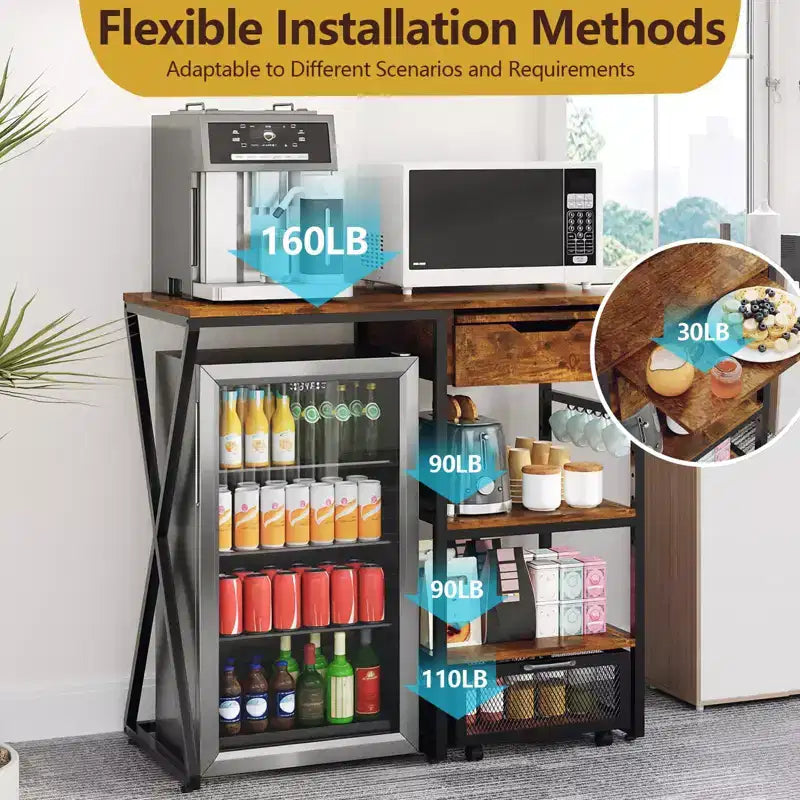 3-Tier Mini Fridge Stand with Power Outlet, Storage Basket & Pull-Out Work Platform - Heavy Duty Microwave Coffee Bar Rack for Dorms