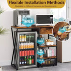 3-Tier Mini Fridge Stand with Power Outlet, Storage Basket & Pull-Out Work Platform - Heavy Duty Microwave Coffee Bar Rack for Dorms