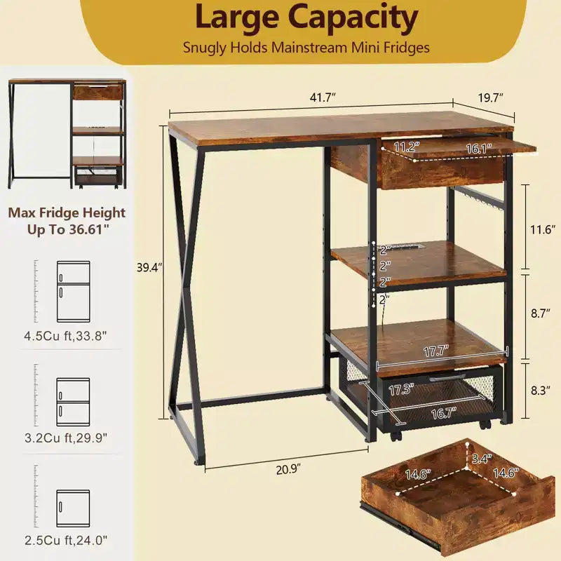 3-Tier Mini Fridge Stand with Power Outlet, Storage Basket & Pull-Out Work Platform - Heavy Duty Microwave Coffee Bar Rack for Dorms