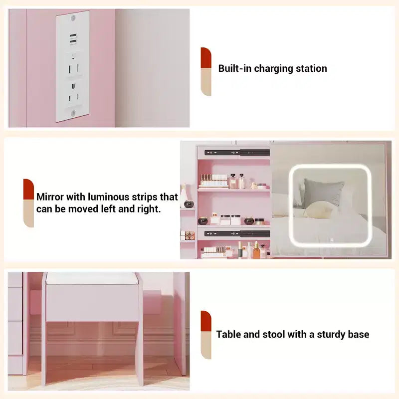 Vanity Set with Sliding LED Mirror, 4 Drawers, Power Outlet, Storage Shelves, Open Shelf, Cushioned Stool, Makeup Dressing Table for Bedroom, Pink
