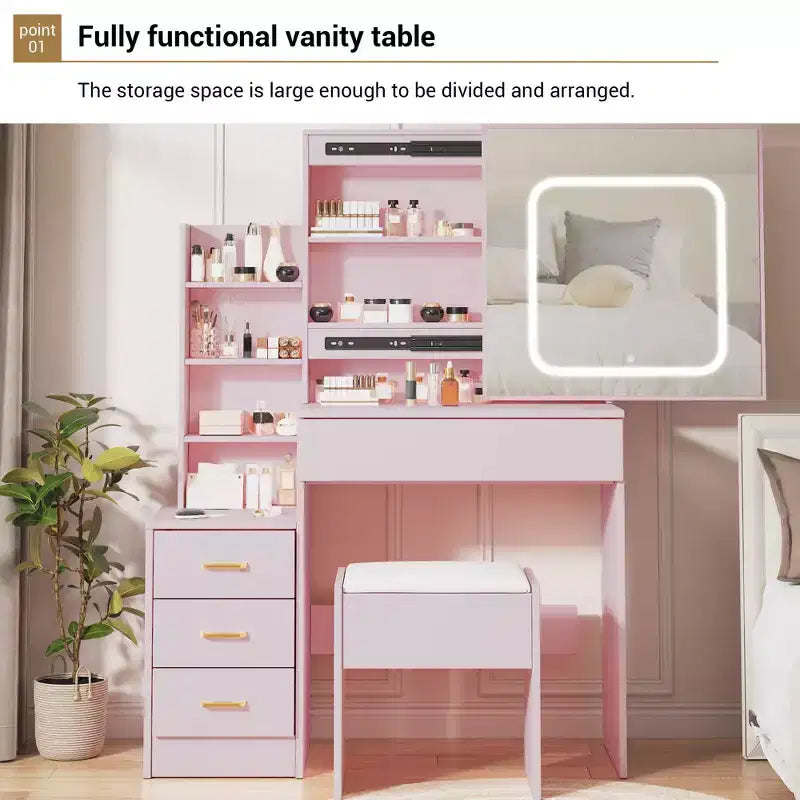 Vanity Set with Sliding LED Mirror, 4 Drawers, Power Outlet, Storage Shelves, Open Shelf, Cushioned Stool, Makeup Dressing Table for Bedroom, Pink